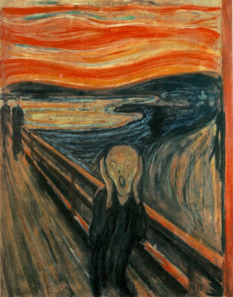 „Der Schrei“ von Edvard Munch, 1893, Tempera auf Pappe, 91 × 73,5 cm, Norwegische Nationalgalerie Oslo